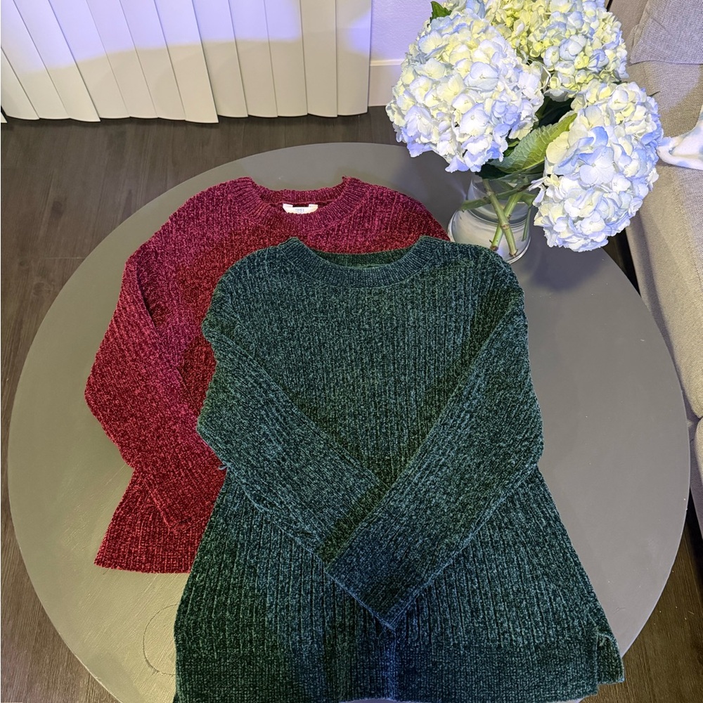 Time and Tru Chenille Crew Sweaters in Emerald Green & Berry